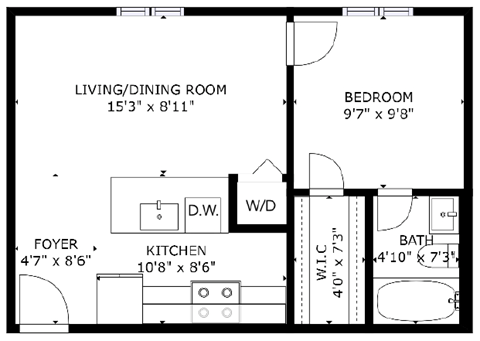 1 bed 1 bath floor plan M at The Eastern Apartments, Dallas, TX, 75204